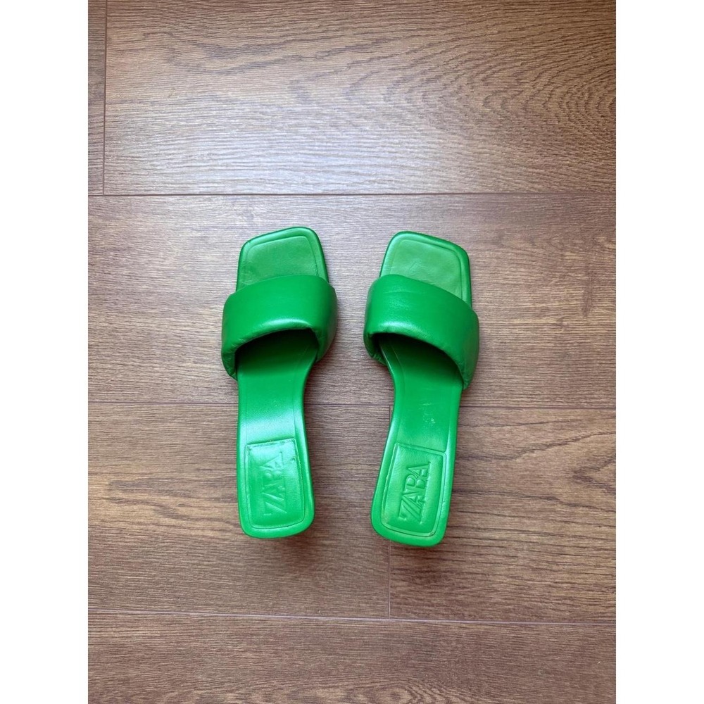 Zara Green Padded Strap Square Toe Kitten Heel Mules Sandals Size 40